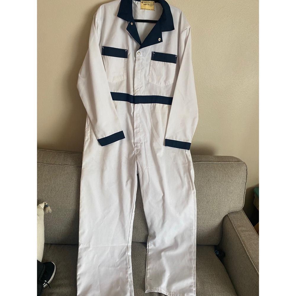 Vintage 1950s Auto Mechanic Suit Universal Overall Co White Navy Coveralls 46